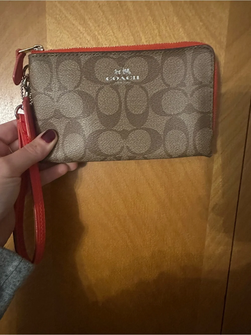Coach Brown Signature Zip Wristlet with Coral Trim